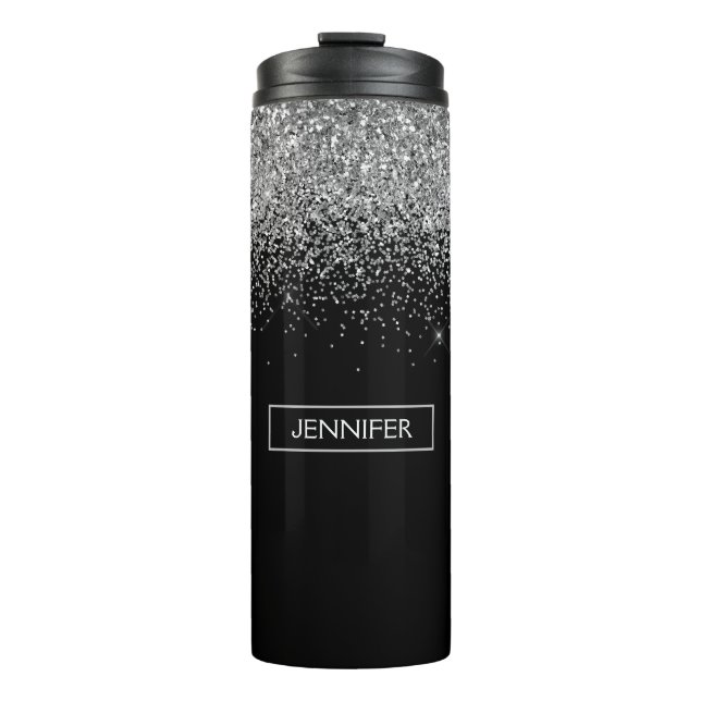 Garrafa Térmica Nome do Monograma Girly Negra Silver Glitter (Frente)