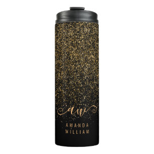Garrafa Térmica Nome do Monograma Glitter Glitter Dourado Elegante