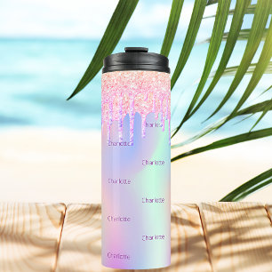Garrafa Térmica Nome do monograma holográfico cor-de-rosa com bri