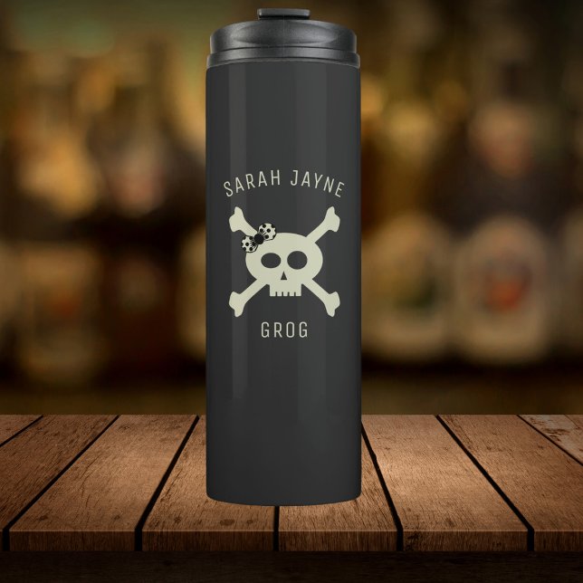 Garrafa Térmica Nome do Sinalizador Pirata - Tumbler Térmico Preto (Ahoy! Add your name to this cute pirate skull and crossbones thermal tumbler)