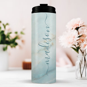Garrafa Térmica Nome Elegante Mármore Azul Assinatura Chic