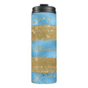 Garrafa Térmica Nome em Roteiro de Brilho Azul Dourado Moderno
