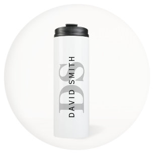 Garrafa Térmica Nome Moderno & Monograma Branco Preto & Cinza
