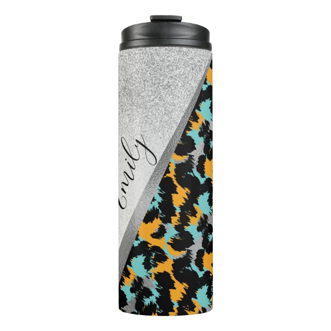 Garrafa Térmica Nome Monograma do Sparkle de Impressão Animal (Frente)