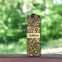 Garrafa Térmica Nome Monograma Preto Dourado Estampa Leopardo Guep