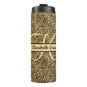 Garrafa Térmica Nome Monograma Preto Dourado Estampa Leopardo Guep