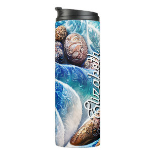 Garrafa Térmica Nome Personalizado Abstrato Blue Ocean Wave Marble