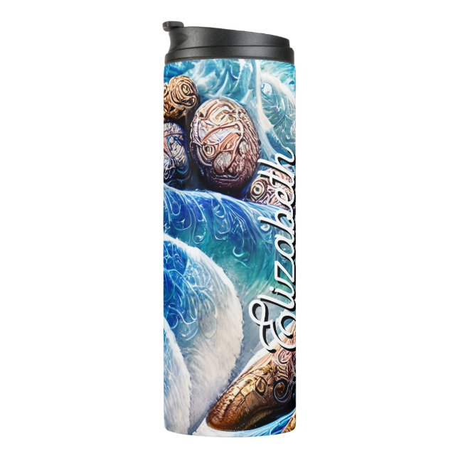 Garrafa Térmica Nome Personalizado Abstrato Blue Ocean Wave Marble (Rotação à direita)