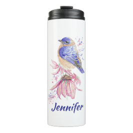 Garrafa Térmica Nome personalizado Aquarela Bluebird Garden Bird A