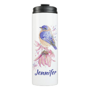 Garrafa Térmica Nome personalizado Aquarela Bluebird Garden Bird A