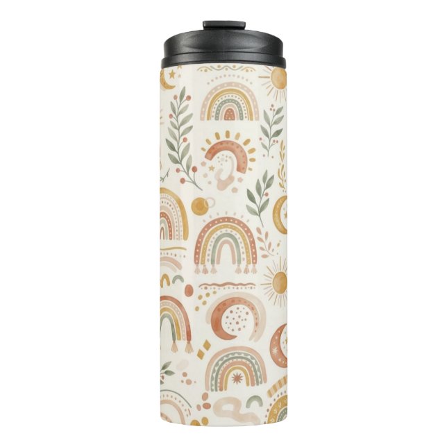 Garrafa Térmica Nome Personalizado Boho Arco-íris e Copo de Viagem (Frente)