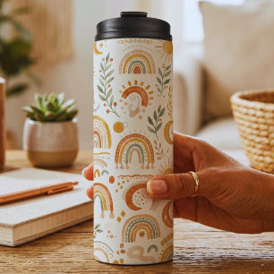 Garrafa Térmica Nome Personalizado Boho Arco-íris e Copo de Viagem