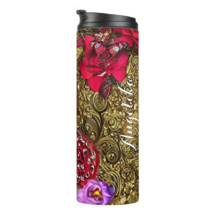 Garrafa Térmica Nome Personalizado Borboleta Floral Vermelho e Dou