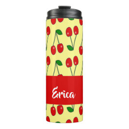 Garrafa Térmica Nome personalizado cerejas vermelhas em amarelo