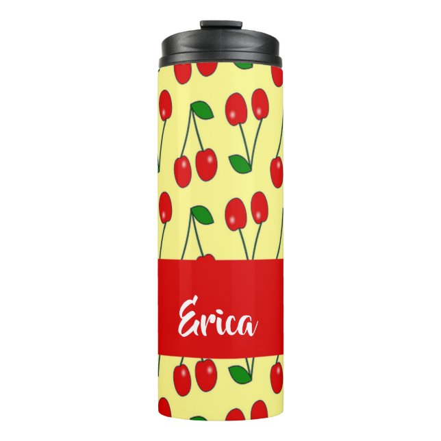 Garrafa Térmica Nome personalizado cerejas vermelhas em amarelo (Frente)