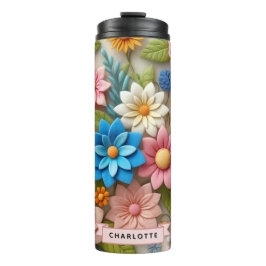 Garrafa Térmica Nome Personalizado Colorido de Arte Floral 3D Felt