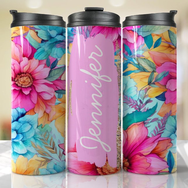 Garrafa Térmica Nome Personalizado Cor-de-Rosa Brilhante Presente  (Floral Tumbler )