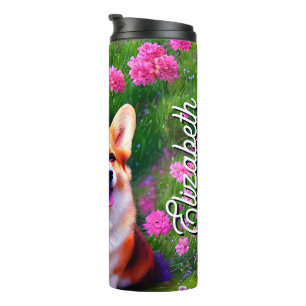 Garrafa Térmica Nome Personalizado Corgi e Flores