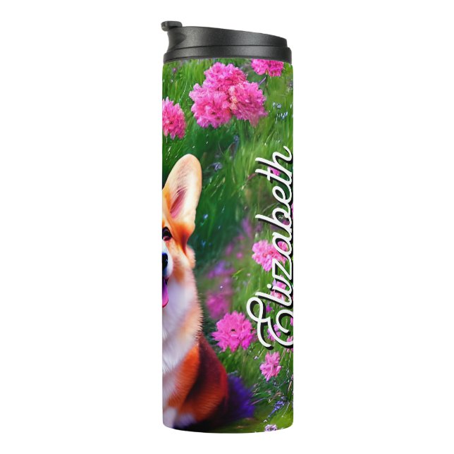 Garrafa Térmica Nome Personalizado Corgi e Flores (Rotação à direita)