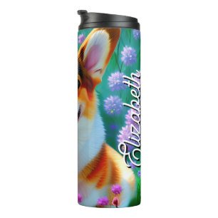Garrafa Térmica Nome Personalizado Corgi Floral