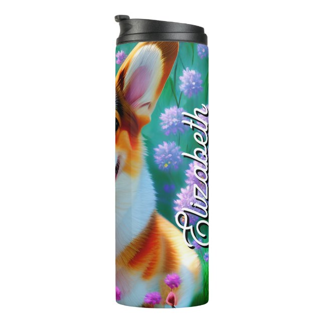 Garrafa Térmica Nome Personalizado Corgi Floral (Rotação à direita)
