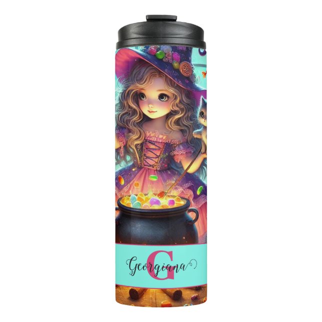 Garrafa Térmica Nome Personalizado - Cute Whimsical Witch Hallowee (Frente)