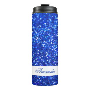 Garrafa Térmica Nome Personalizado da Glitter Azul Elegante
