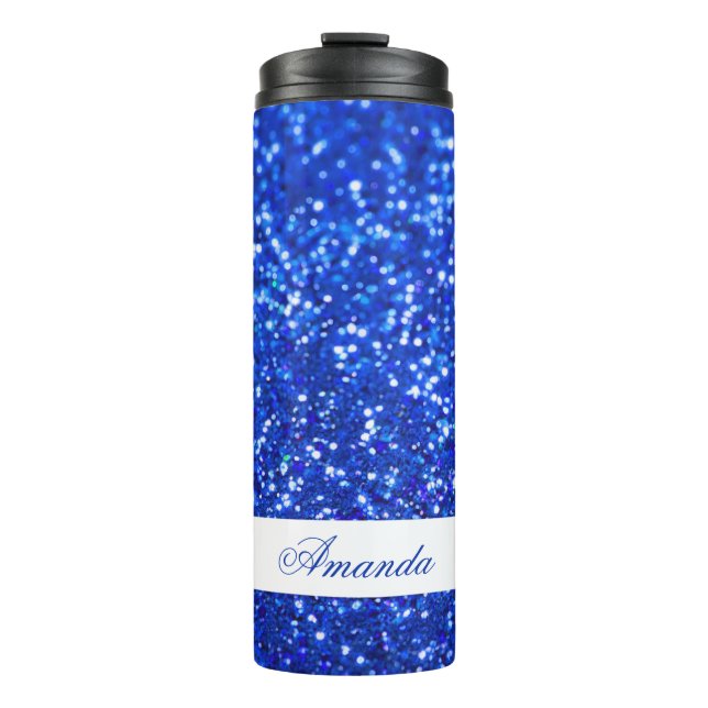 Garrafa Térmica Nome Personalizado da Glitter Azul Elegante (Frente)