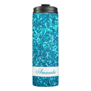 Garrafa Térmica Nome Personalizado da Glitter de Teal Elegante