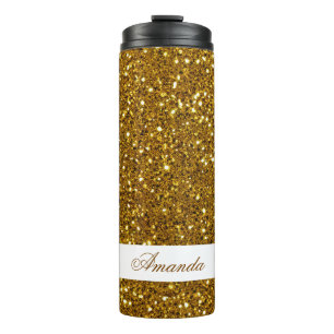 Garrafa Térmica Nome Personalizado da Glitter Dourada Elegante