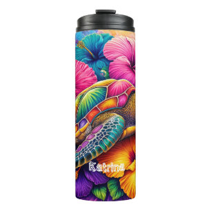 Garrafa Térmica Nome Personalizado da Tartaruga Floral Colorida Mo