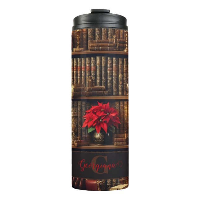 Garrafa Térmica Nome Personalizado Dark Academia Poinsettia Booksh (Frente)