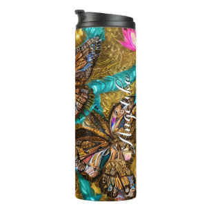 Garrafa Térmica Nome Personalizado das Borboletas Teais e Douradas