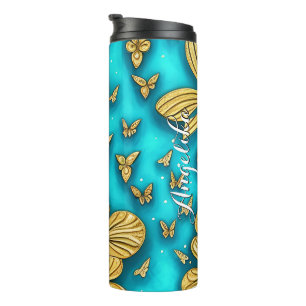 Garrafa Térmica Nome Personalizado das Flores Teais e Douradas