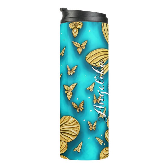 Garrafa Térmica Nome Personalizado das Flores Teais e Douradas (Rotação à direita)