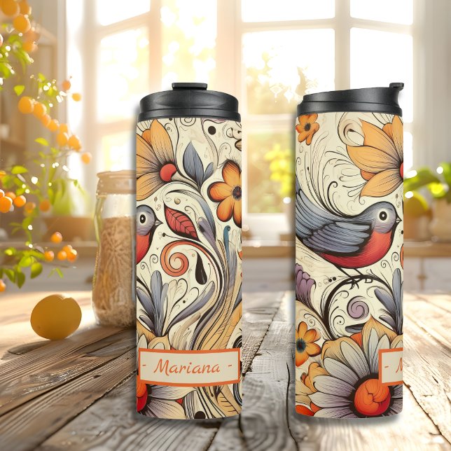 Garrafa Térmica Nome personalizado de Design Floral e Pombo Summer (Pigeon and Floral Design custom name Summer Thermal Tumbler)