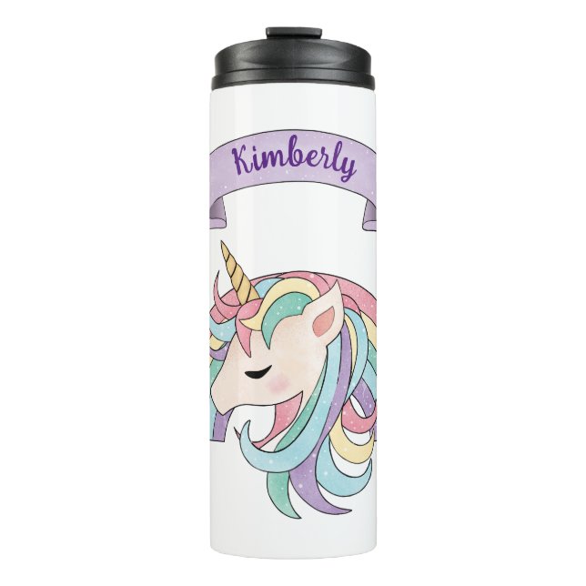 Garrafa Térmica Nome Personalizado de Pastel Cónico Unicorn e Arco (Frente)