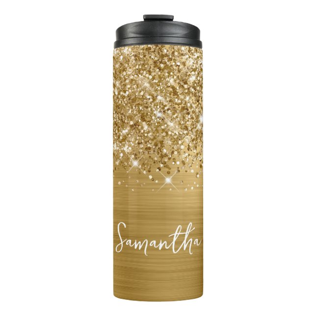 Garrafa Térmica Nome Personalizado do Glam Dourado da Glittery (Frente)