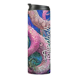Garrafa Térmica Nome Personalizado do Octopus Rosa Tentáculos