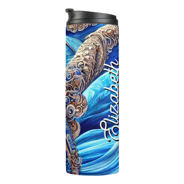 Garrafa Térmica Nome Personalizado do Ornamentado abstrato Blue Oc (Rotação à direita)