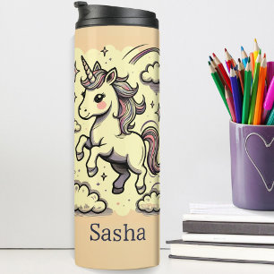 Garrafa Térmica Nome Personalizado do Pastel Unicorn Sparkle Rainb