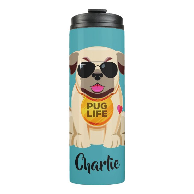 Garrafa Térmica Nome personalizado do Pug Life e tumbler de cores (Frente)