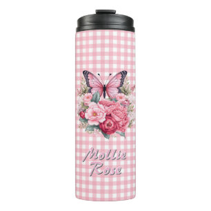 Garrafa Térmica Nome personalizado: Flor de prancheta cor-de-rosa