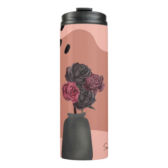 Garrafa Térmica Nome personalizado Flor Vase com flores pretas ros (Frente)