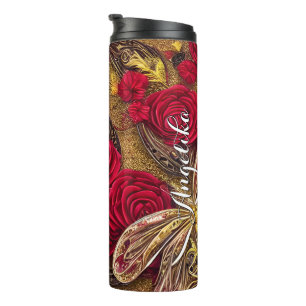 Garrafa Térmica Nome Personalizado Floral Vermelho e Dourado Moder