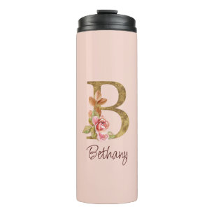 Garrafa Térmica Nome Personalizado Folha de Ouro Blush Rosas Cor-d