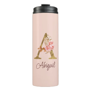 Garrafa Térmica Nome Personalizado Folha de Ouro Blush Rosas Rosa 