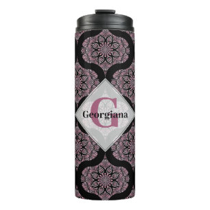 Garrafa Térmica Nome Personalizado Fronteira Floral do Rosa Retrod