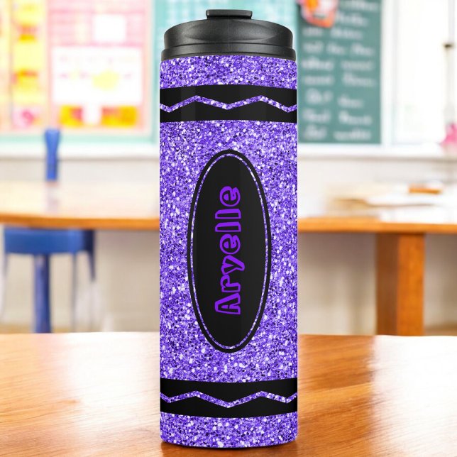 Garrafa Térmica Nome Personalizado Glitter Purple Crayon Thermal T (Criador carregado)