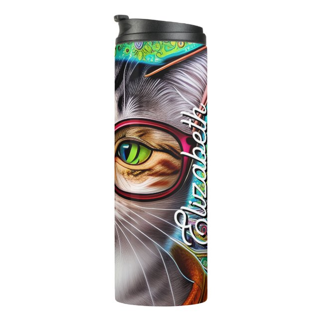Garrafa Térmica Nome Personalizado Glóbulos de Visto de Gato Cuta  (Rotação à direita)